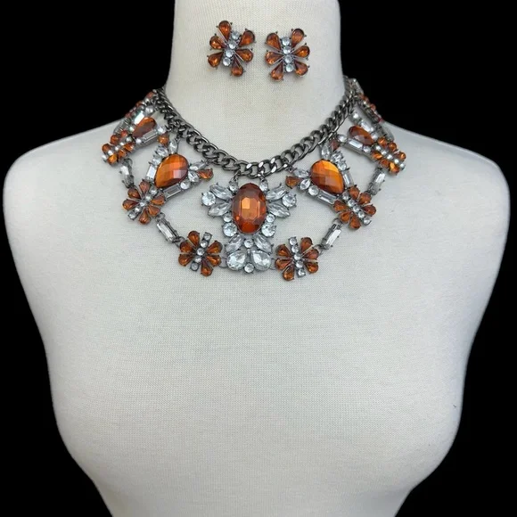 Large Brown Clear Rhinestone Statement Gun Metal Necklace Earrings Set - Picture 2 of 3